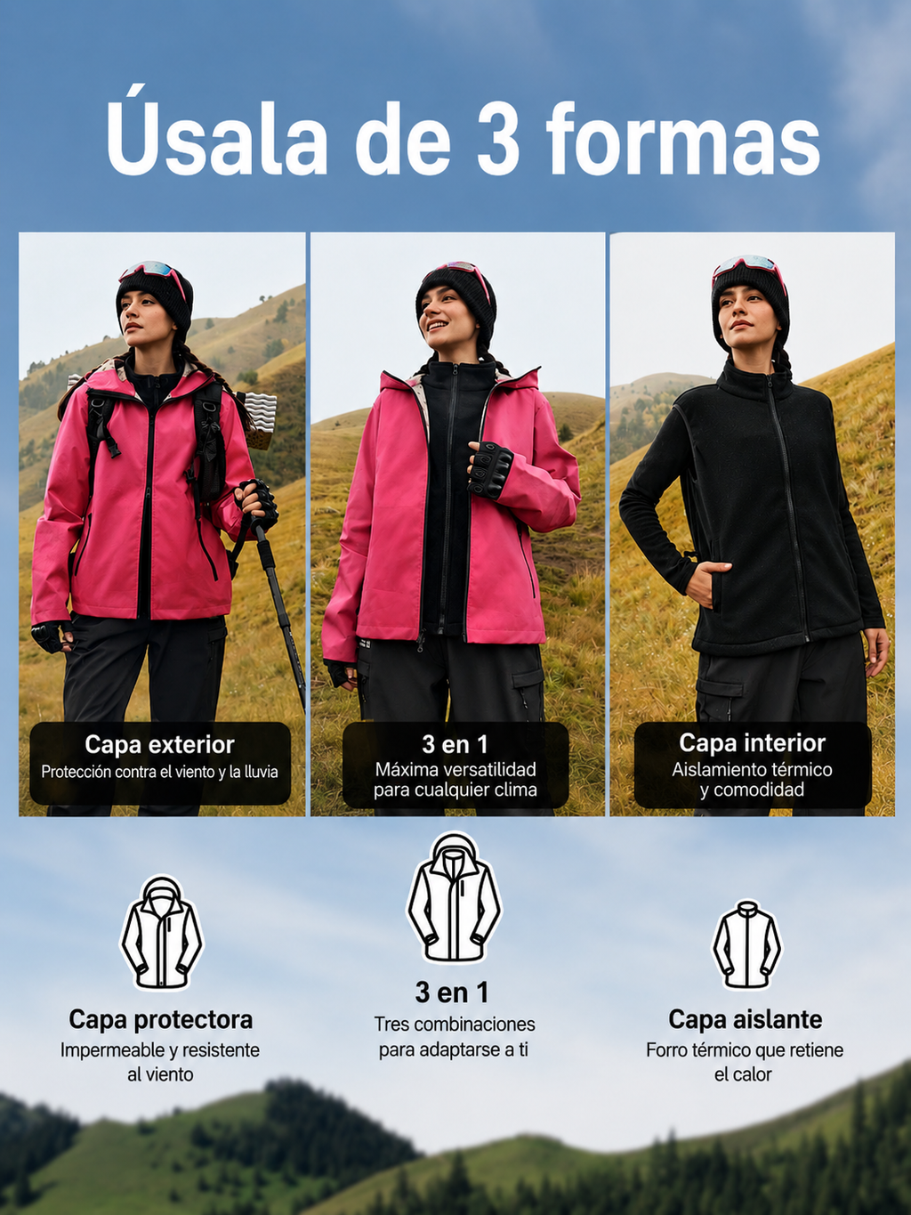 Chaqueta Outdoor 2 en 1 Impermeable Mujer