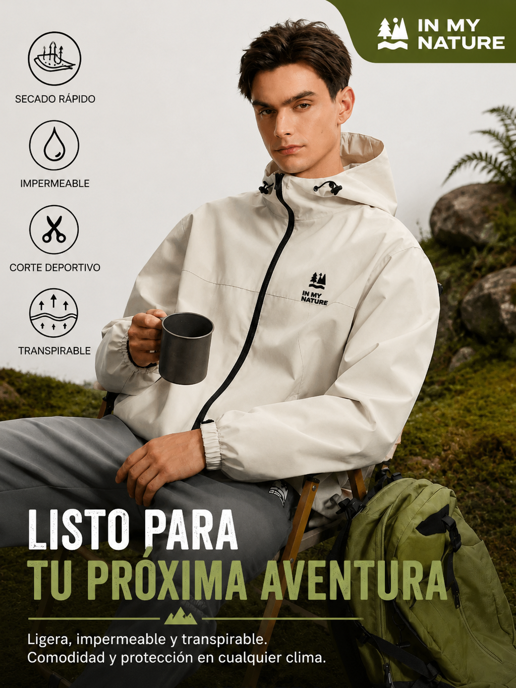 Chaqueta Outdoor Deportiva Hombre con Capucha Beige